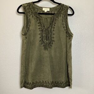 Luna Moon Embroidered Green Forest Fairy Grunge Boho Hippie Sleeveless Top L